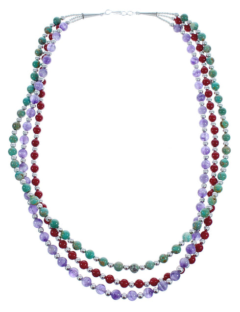 American Indian 3-Strand Multicolor Silver Bead Necklace AX123385